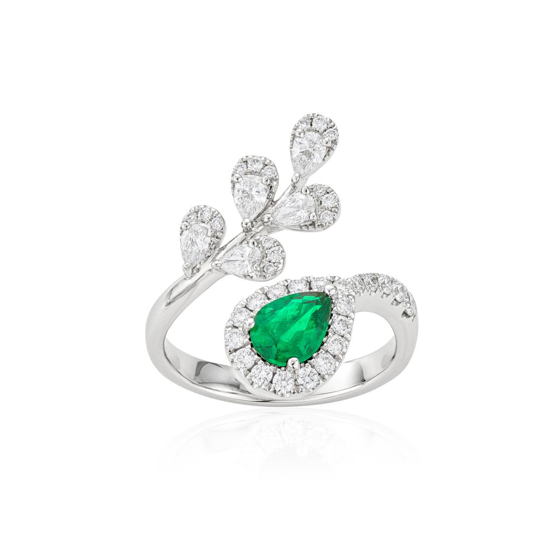 Pear Shape Emerald and Diamond Bypass Leaf Ring