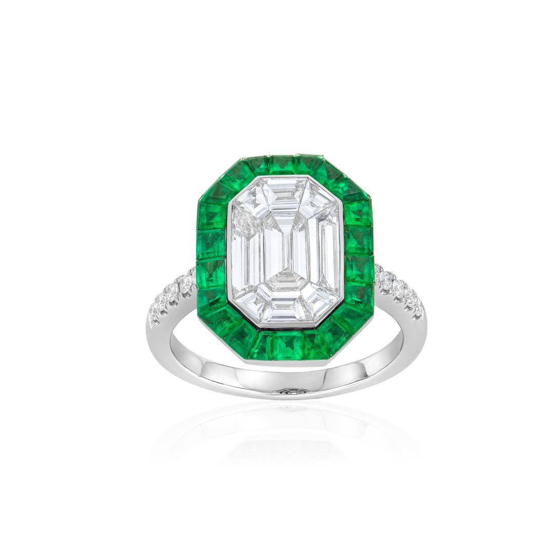 Diamond Cluster Ring with Emerald Halo