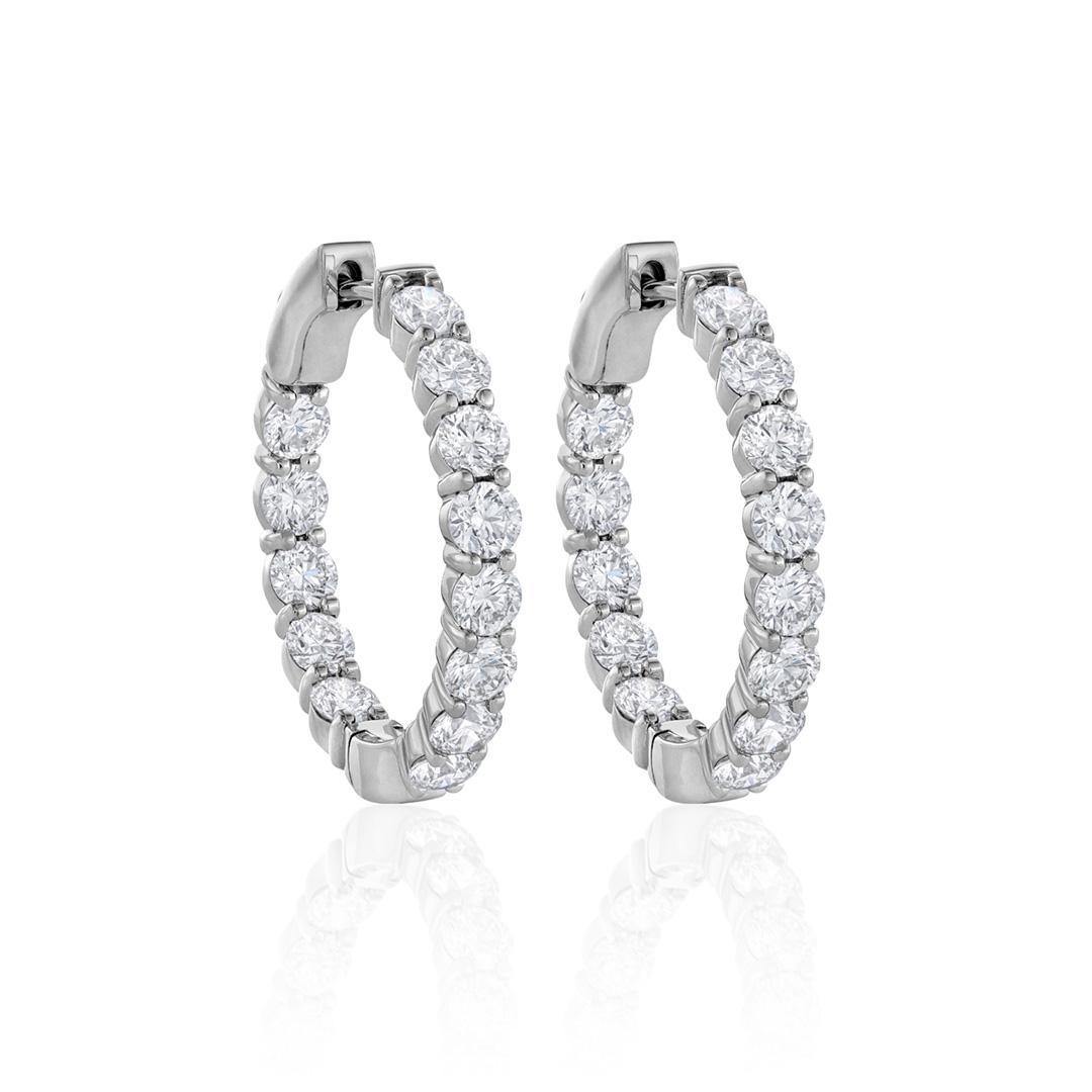 Four Carat Round Diamond In Out Hoop Earrings in White Gold 0