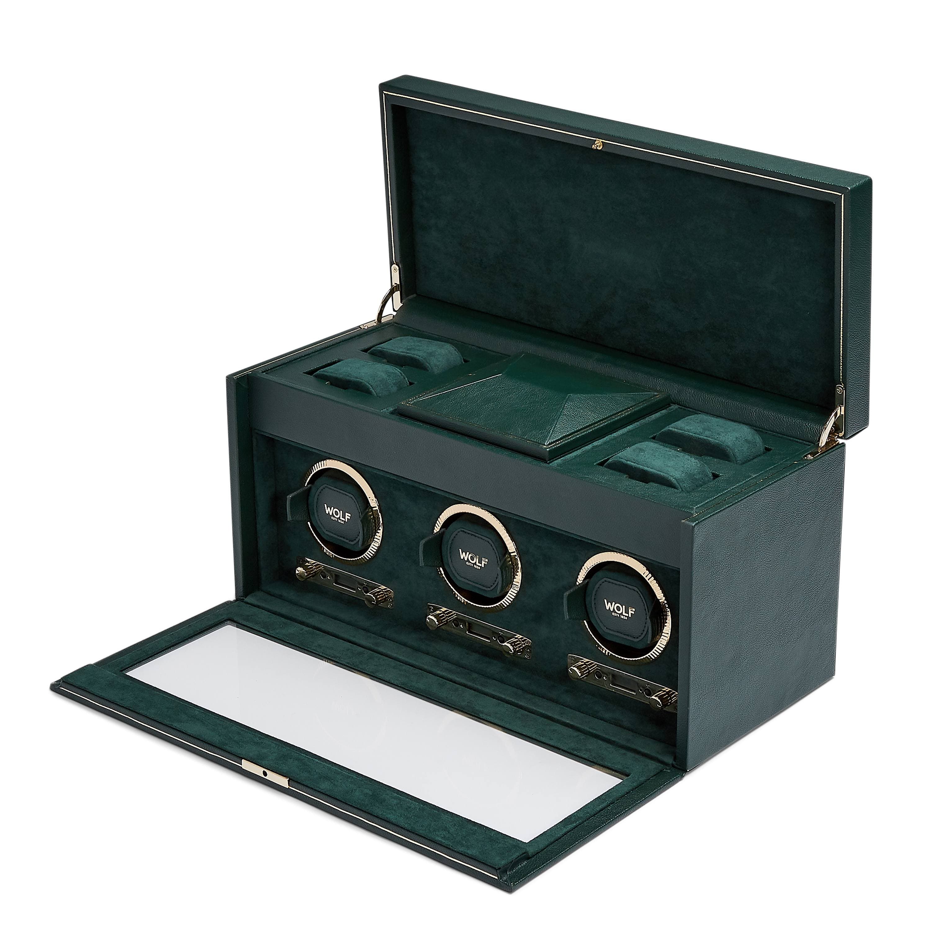 British Racing Green Triple Watch Winder | Open Side View