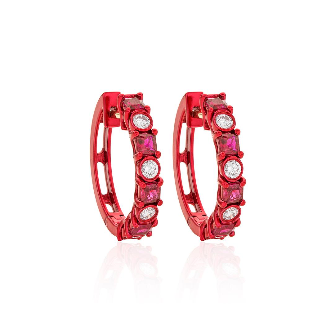 Ruby and Diamond Red Gold Hoop Earrings