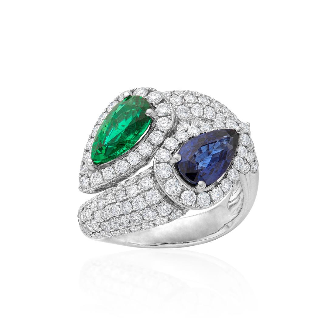 Pear Shape Emerald and Sapphire Bypass Ring with Diamonds 0