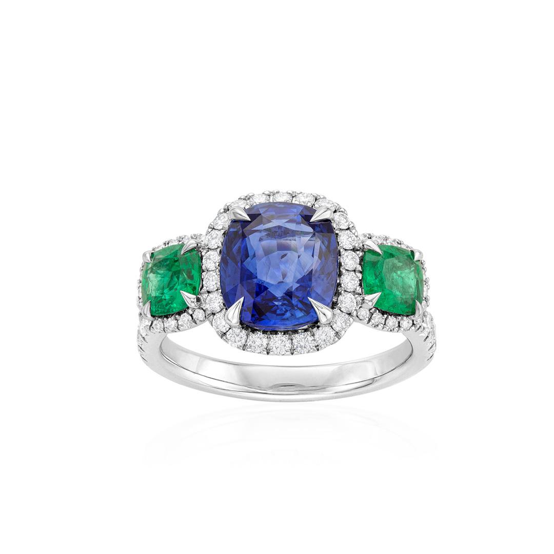 Cushion Emerald and Sapphire Three Stone Halo Ring 0