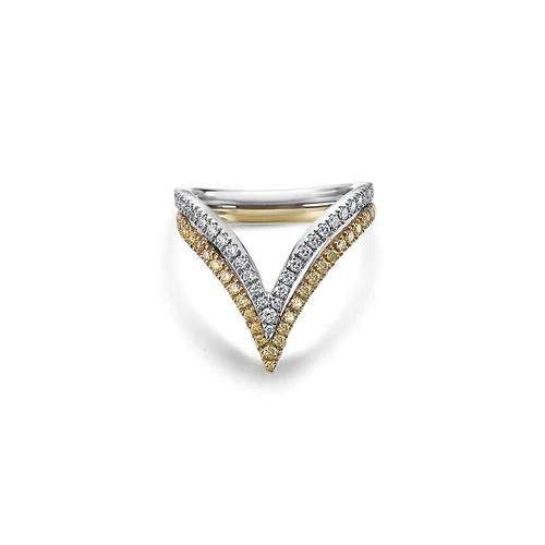 Charles Krypell Two Tone White and Yellow Gold and Diamond Double-V Ring