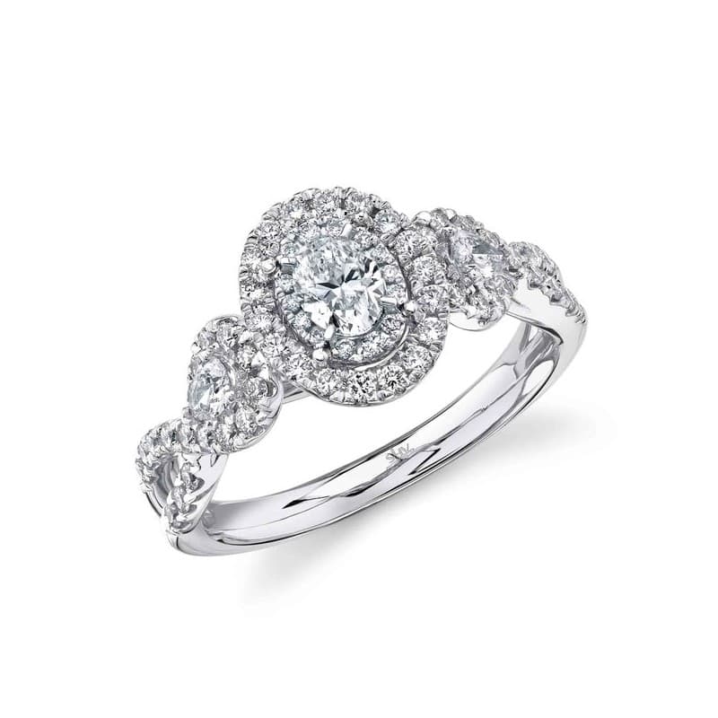 Three Stone Oval Halo Engagement Ring