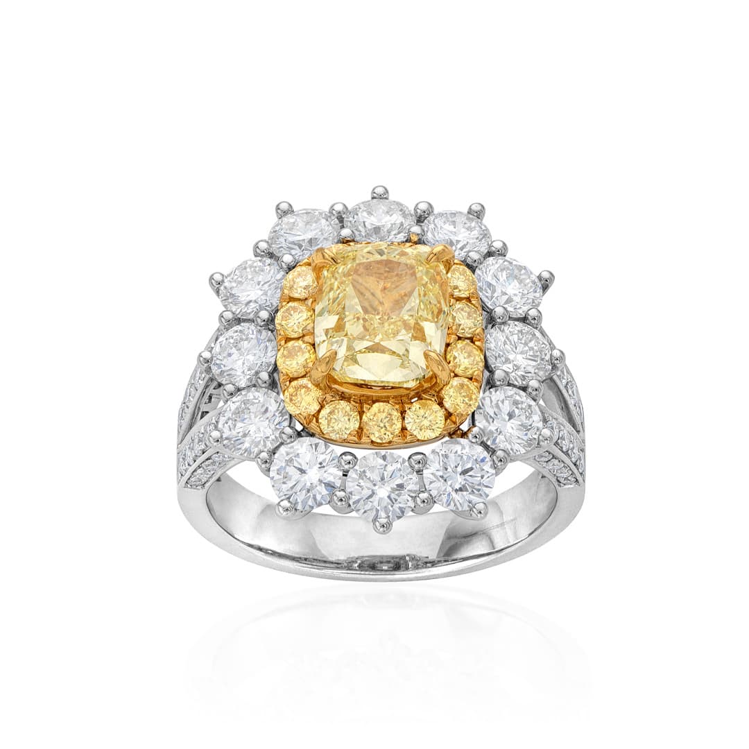 Cushion Halo Engagement Ring with 2.01 CT Fancy Yellow Center Diamond