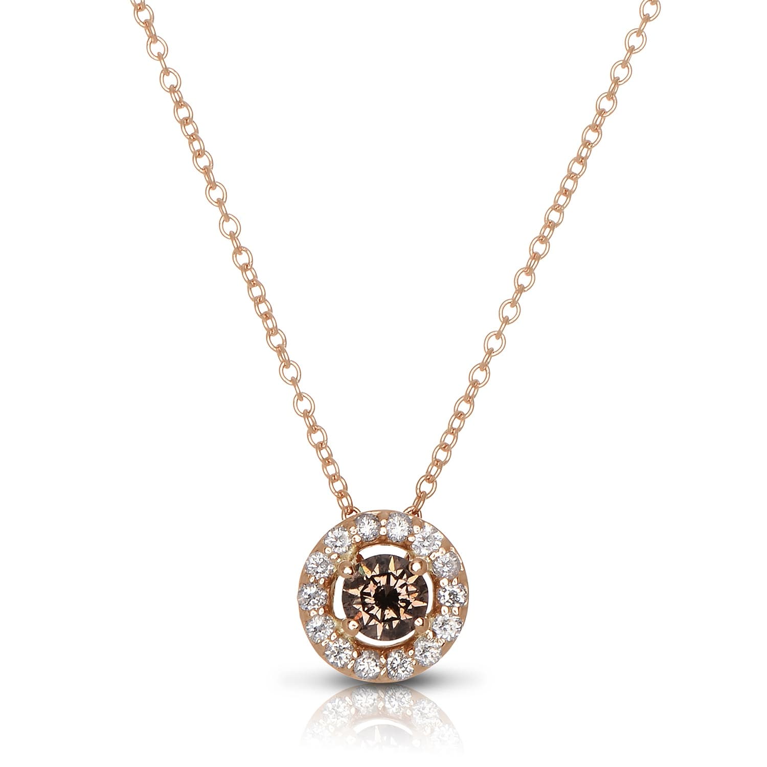 Rose Gold Round Brown & White Diamond Halo Pendant Necklace 0