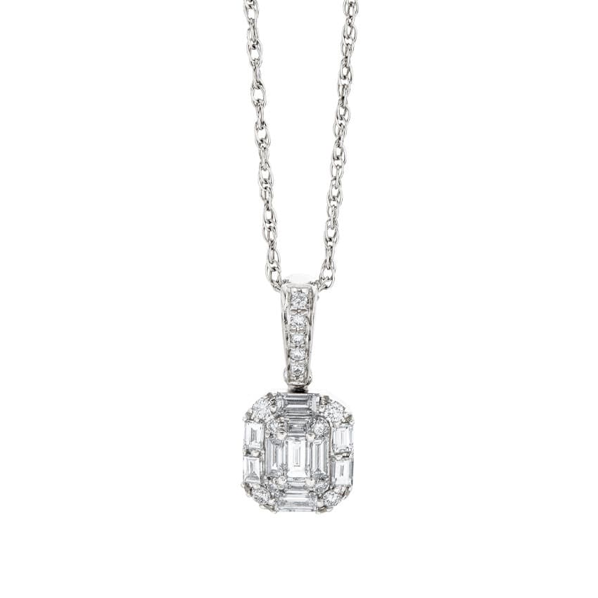 White Gold Baguette & Round Diamond Cluster Pendant Necklace