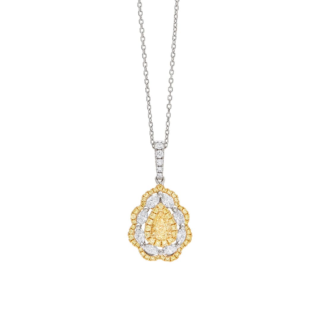 Scalloped Pear Shaped Pendant Necklace with White and Yellow Diamonds 0