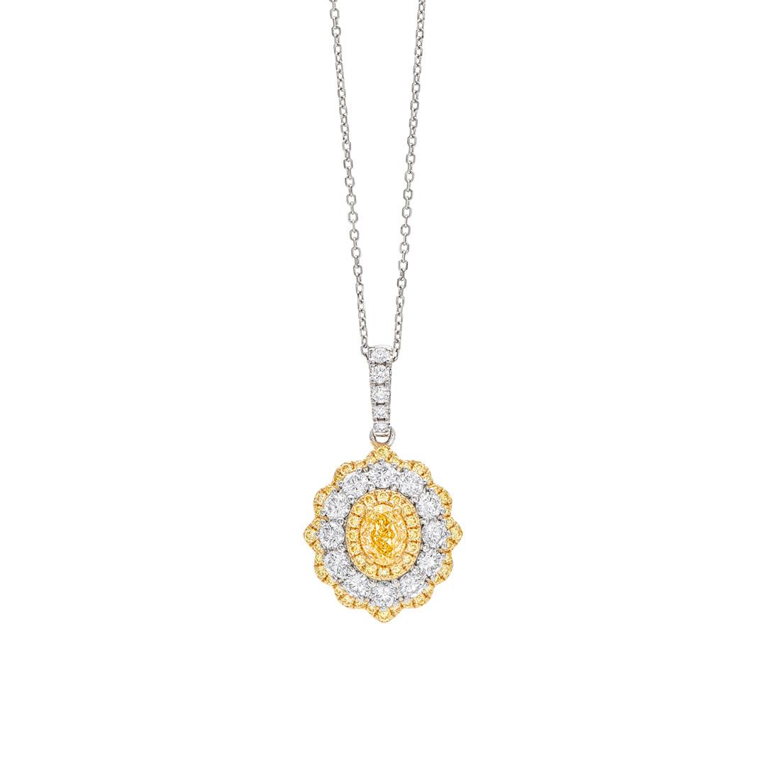 Scalloped Oval Shaped Pendant Necklace with White and Yellow Diamonds 0