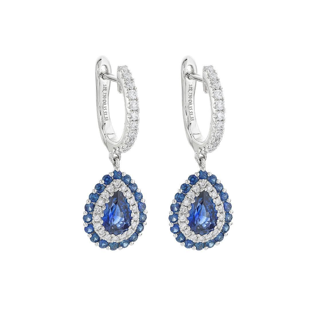 White Gold Pear Shaped Sapphire & Diamond Halo Drop Earrings