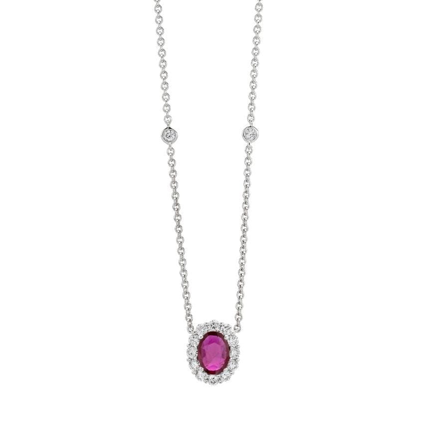 Oval Gemstone Pendant Necklace with Diamond Halo and Diamond Station Chain