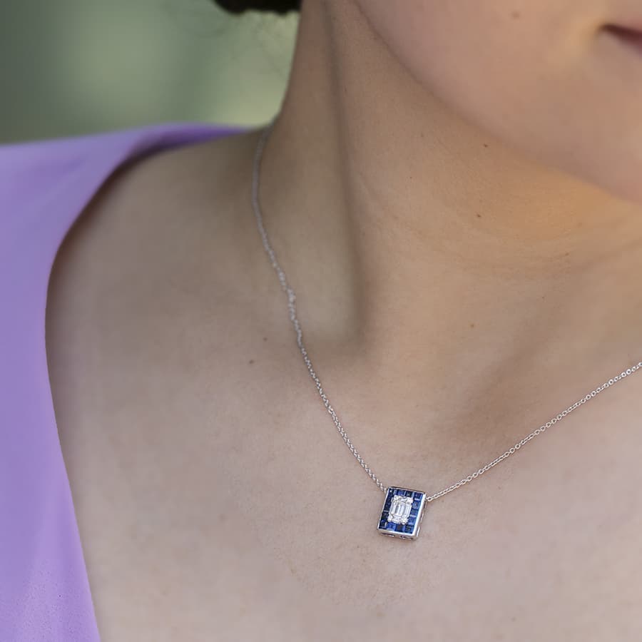 White Gold Diamond & Blue Sapphire Halo Pendant Necklace 1