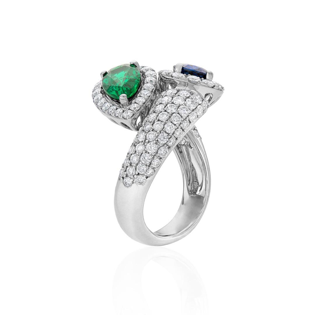 Pear Shape Emerald and Sapphire Bypass Ring with Diamonds 1