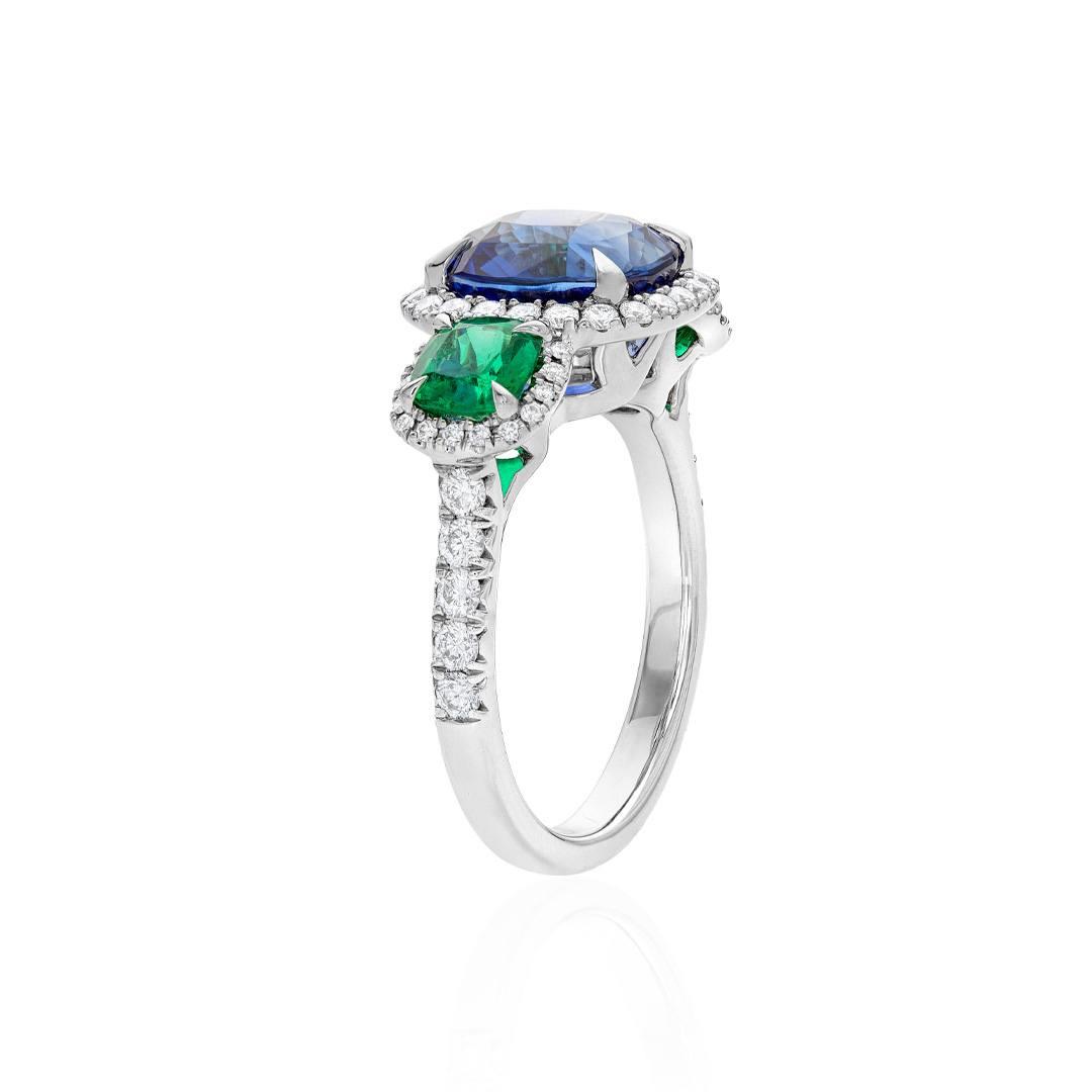 Cushion Emerald and Sapphire Three Stone Halo Ring 1