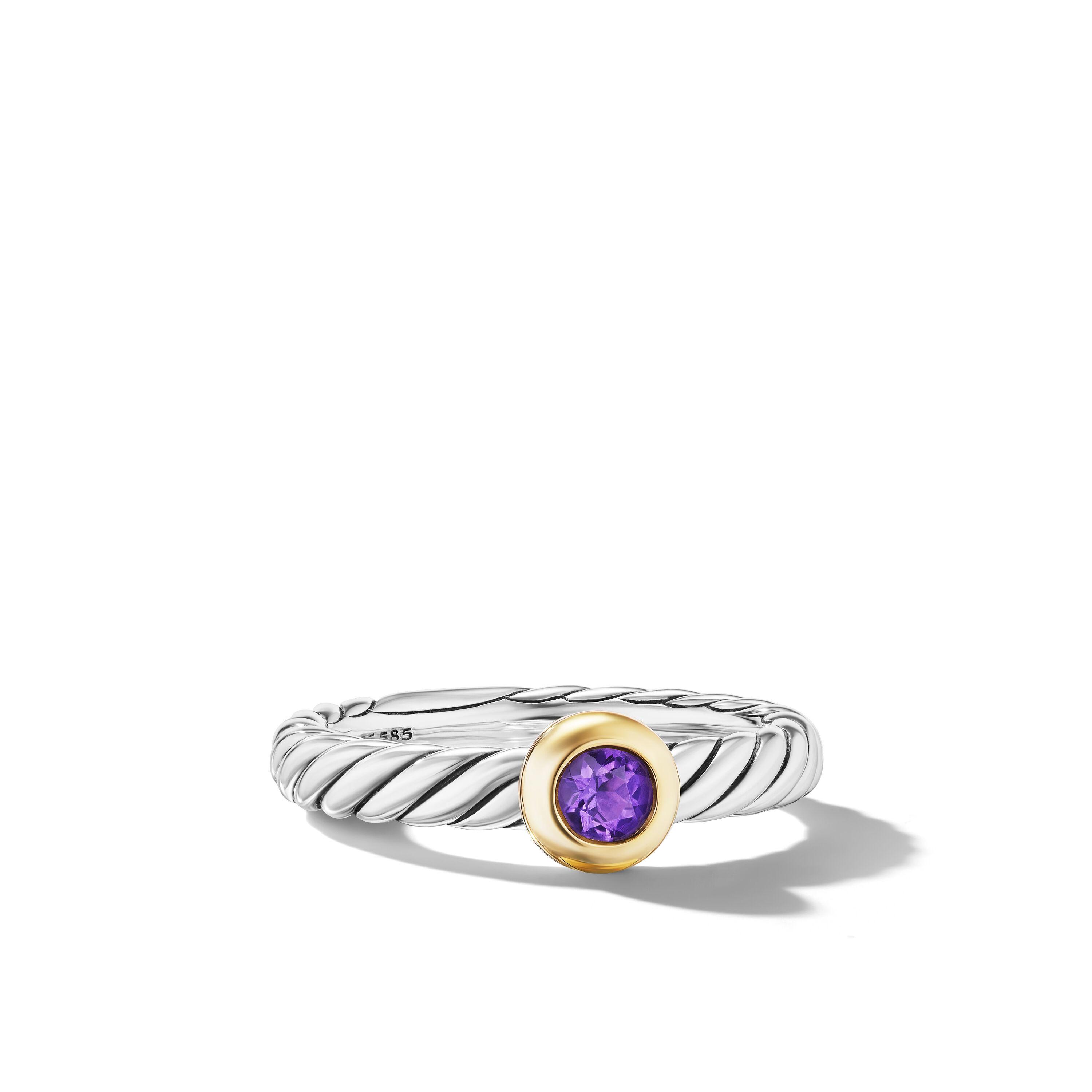 David Yurman Petite Cable Ring in Sterling Silver with 14K Yellow Gold and Amethyst, Size 7 0