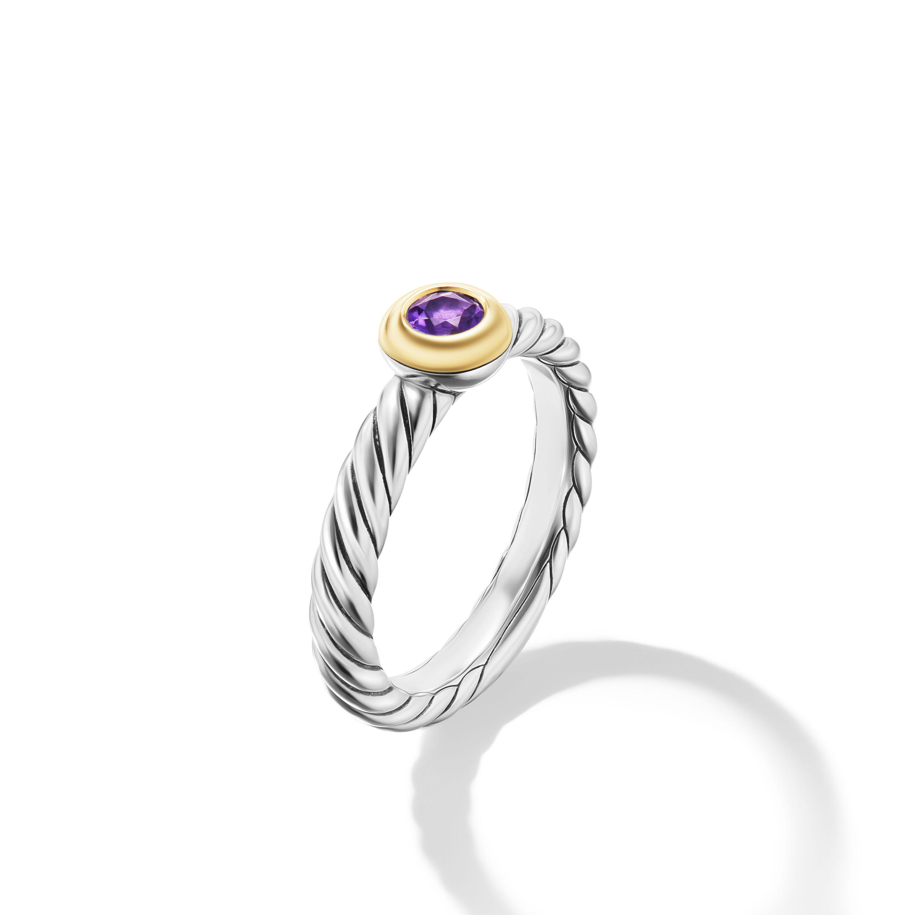 David Yurman Petite Cable Ring in Sterling Silver with 14K Yellow Gold and Amethyst, Size 7 1