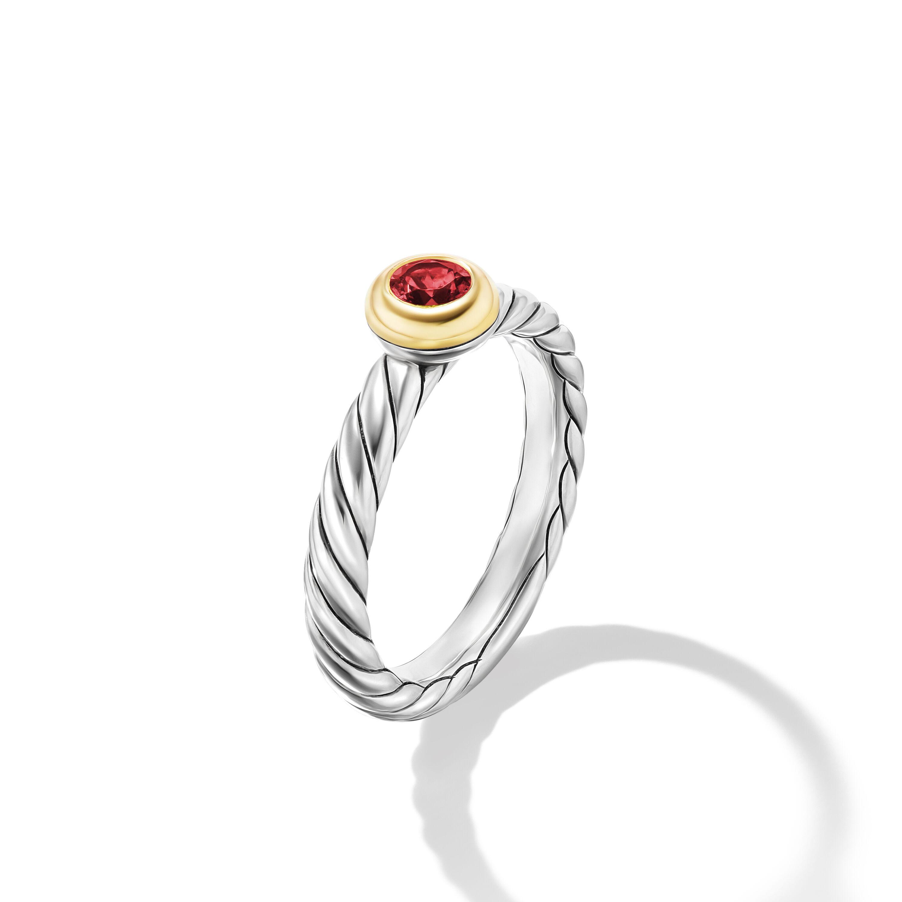 David Yurman Petite Cable Ring in Sterling Silver with 14K Yellow Gold and Garnet, Size 7 1