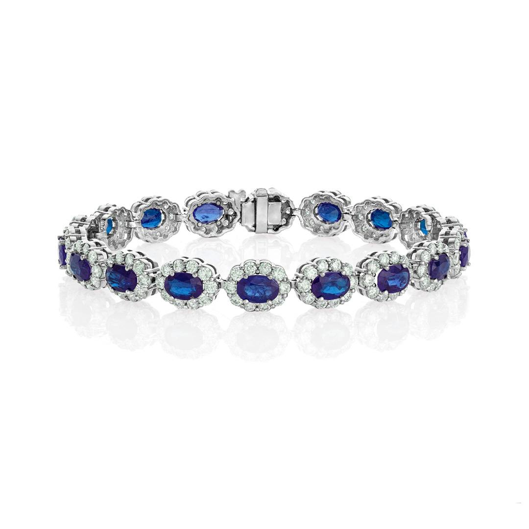White Gold Oval Sapphire & Diamond Halo Link Bracelet 0