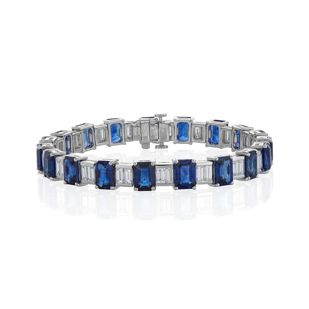 Platinum Diamond and Emerald-Cut Blue Sapphire Bracelet 0