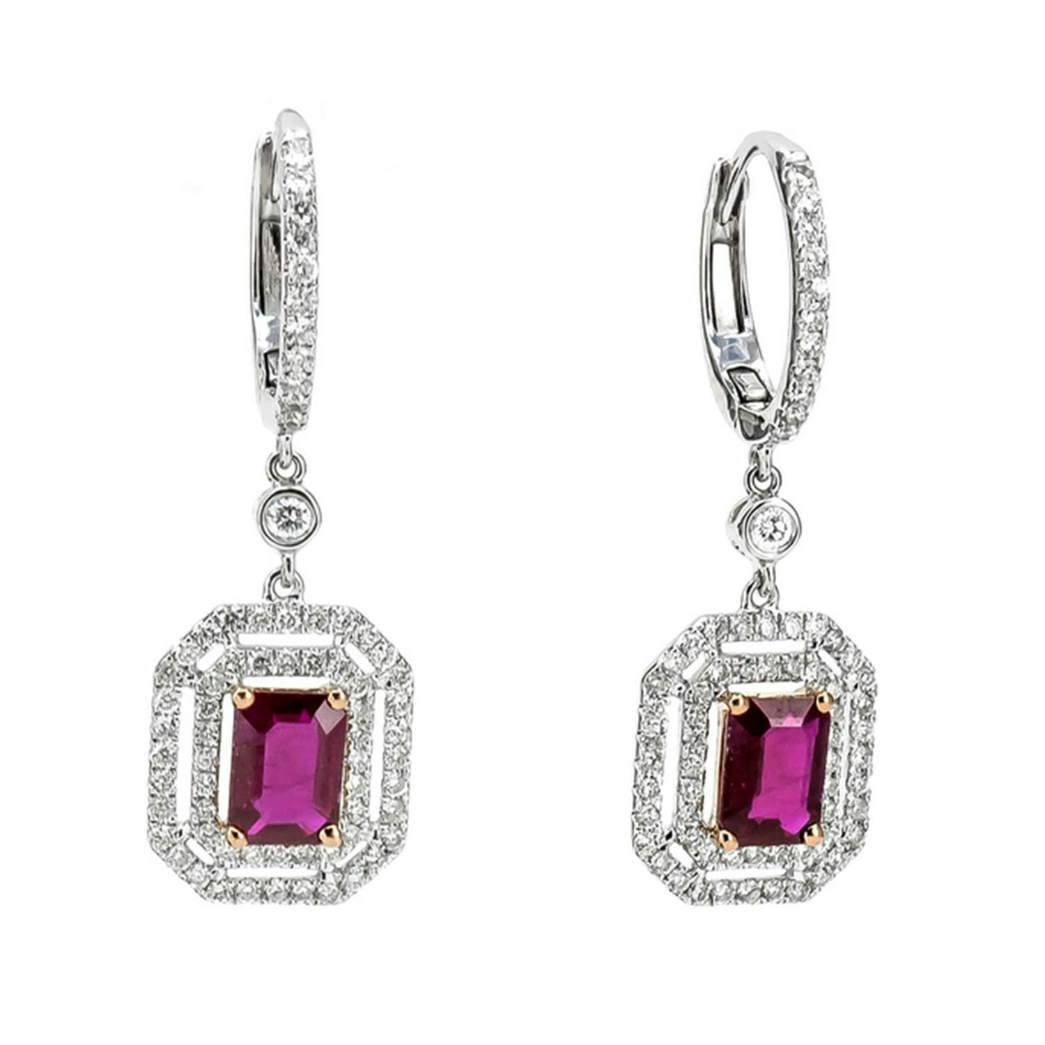 White & Rose Gold Emerald Cut Ruby & Double Pave Diamond Halo Drop Earrings 0