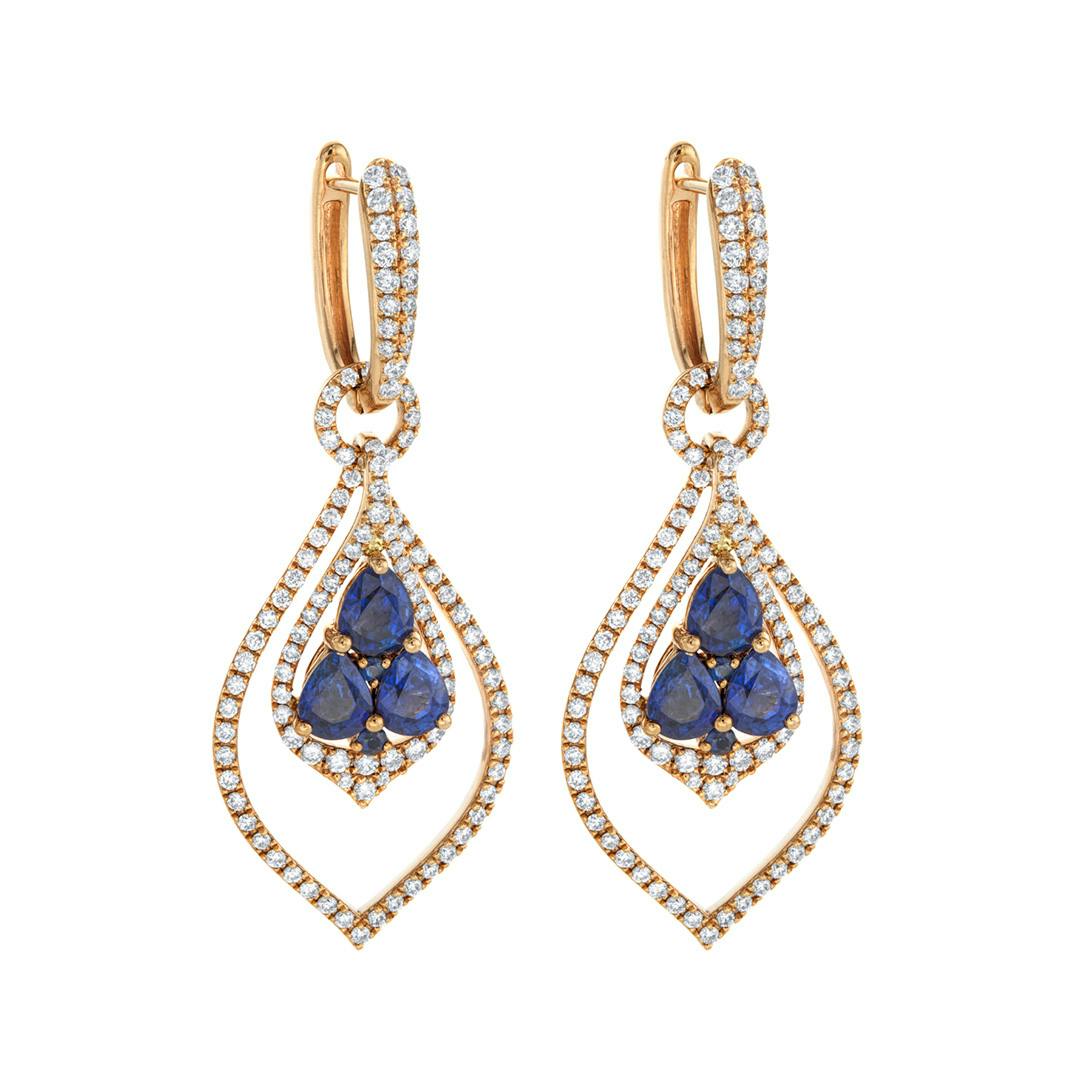 Rose Gold Teardrop Dangle Sapphire and Diamond Earrings