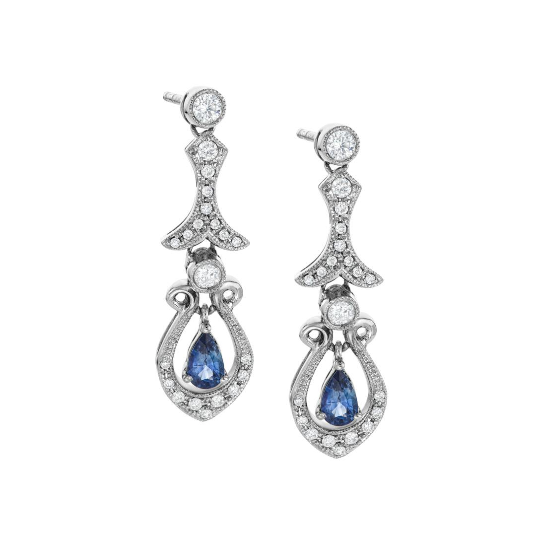 Sapphire and Diamond Scroll Drop Earrings