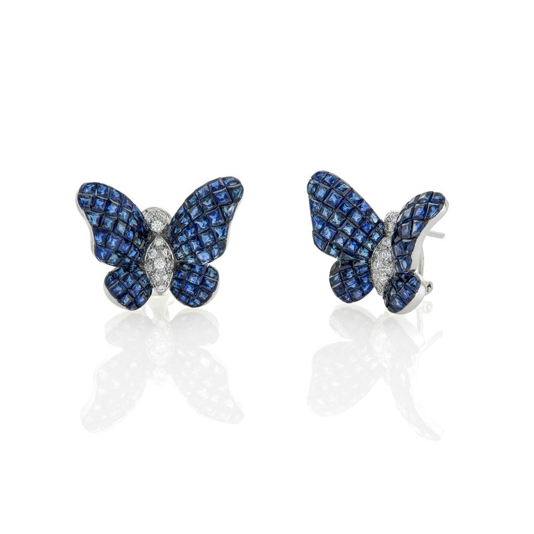 Blue Sapphire and Diamond White Gold Butterfly Stud Earrings 0