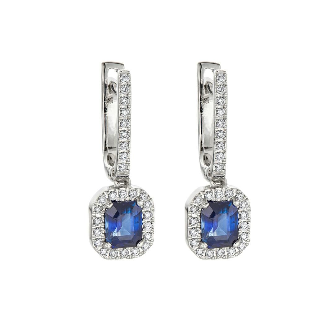 Octagonal Sapphire and Diamond Halo Drop Earrings 0