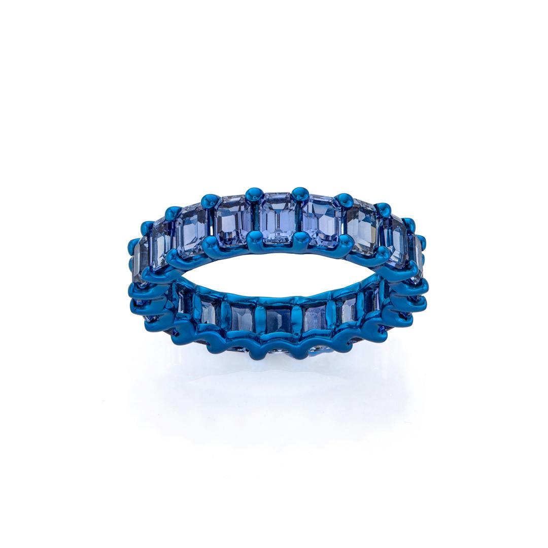 Emerald Cut Sapphire and Blue Gold Eternity Band