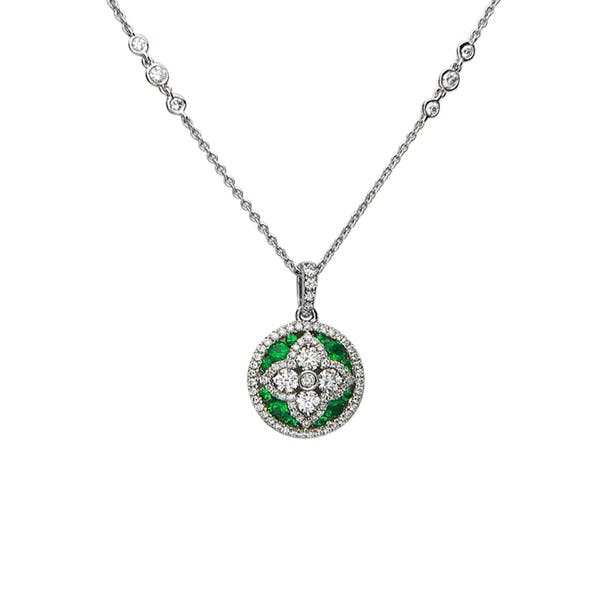 Charles Krypell Emerald Diamond Quatrefoil Round Pendant Necklace 0