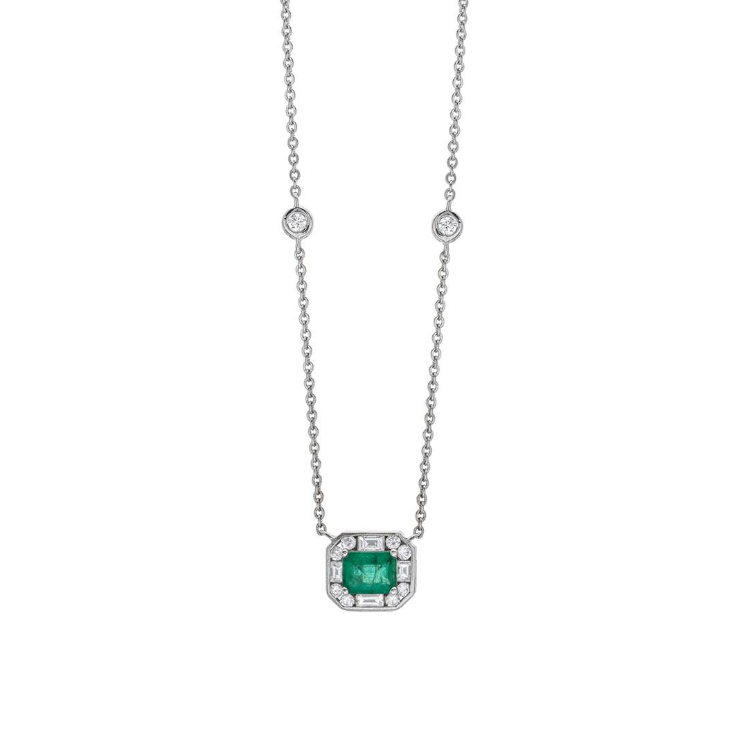 Emerald Cut Emerald and Diamond White Gold Necklace 0