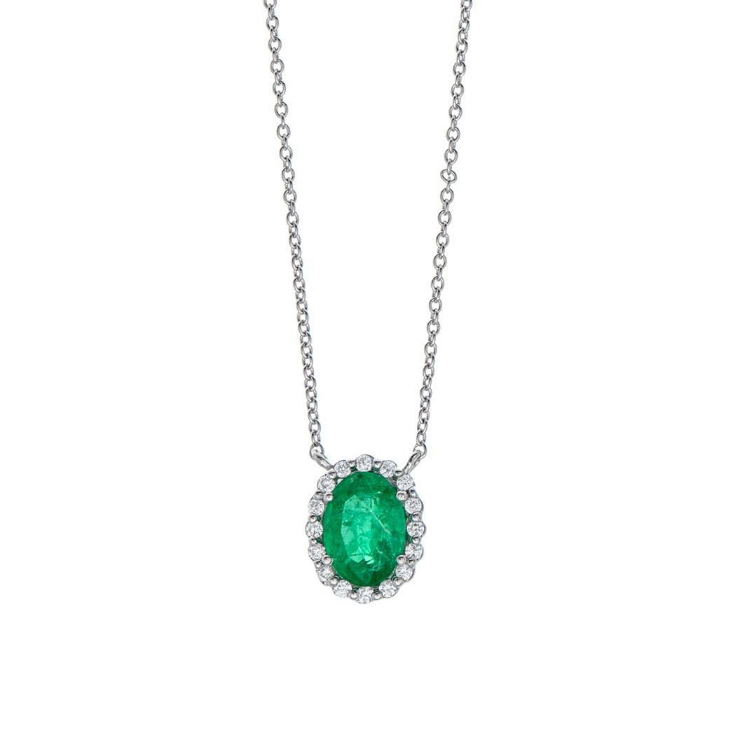 Oval Emerald Diamond Halo Pendant Necklace 0