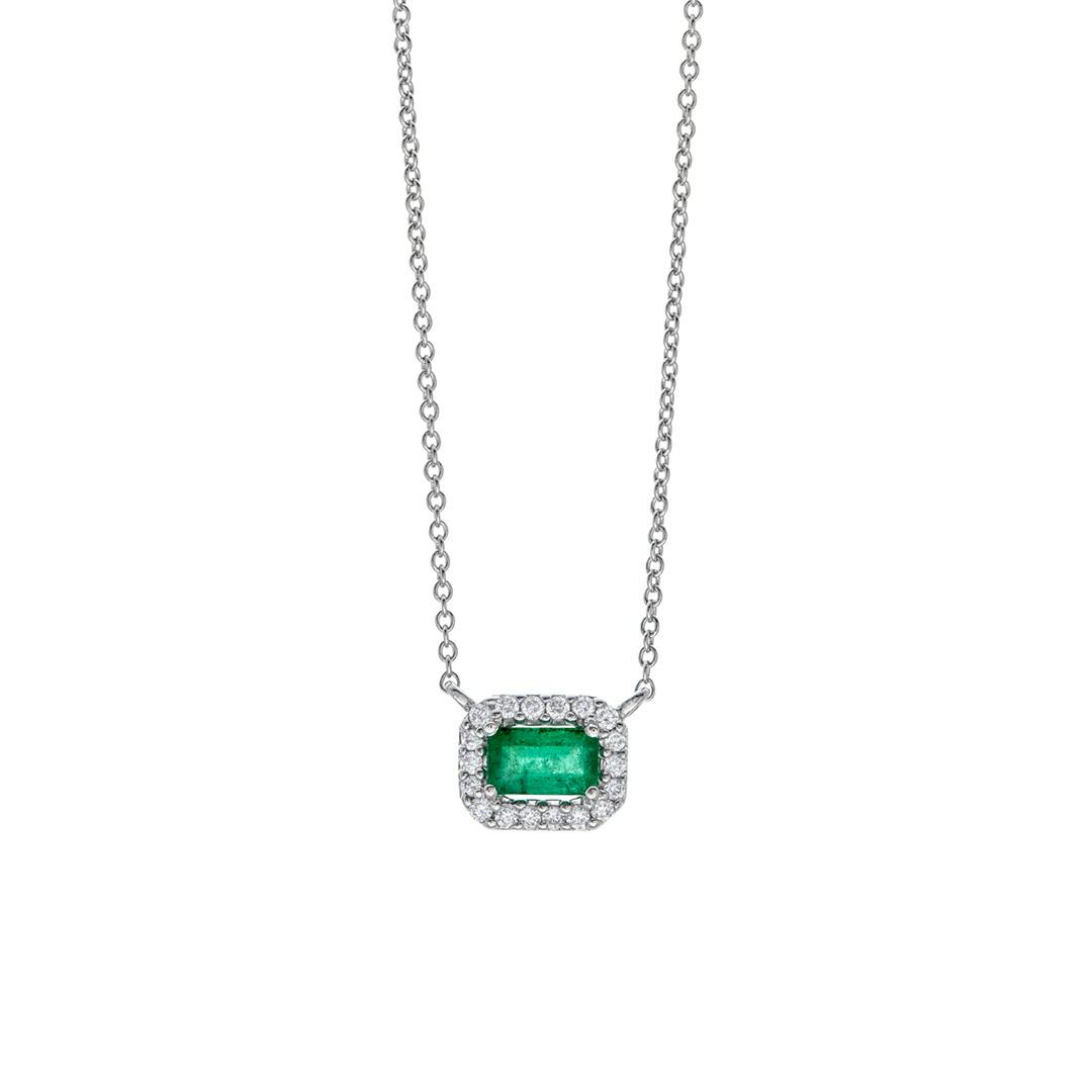 Emerald Cut Emerald Diamond Halo Pendant Necklace 0