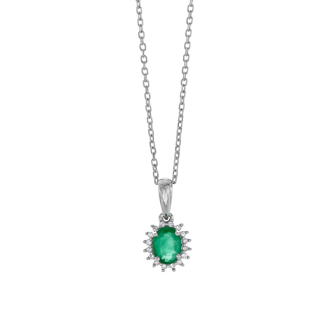 Oval Emerald and Diamond White Gold Pendant Necklace 0