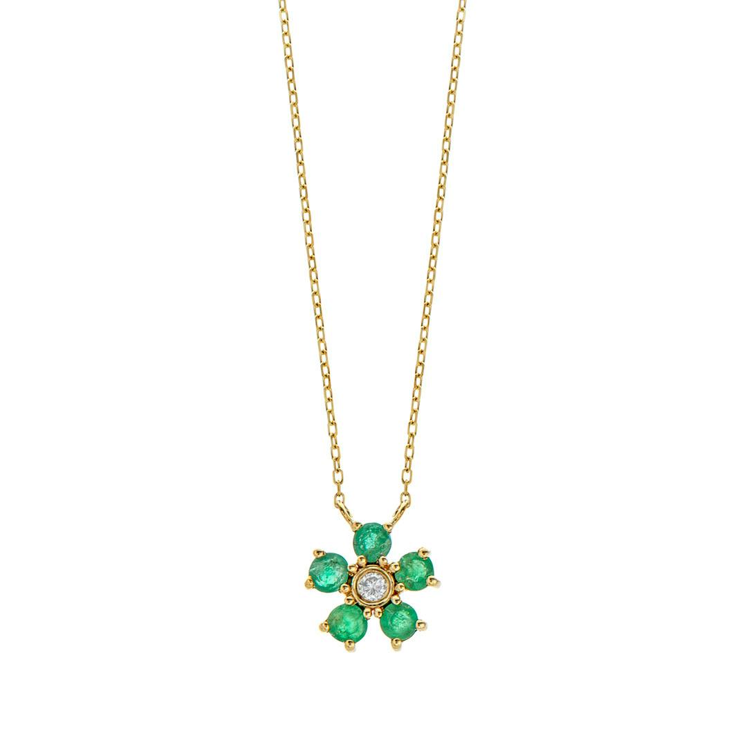 Emerald and Diamond Yellow Gold Flower Pendant Necklace 0