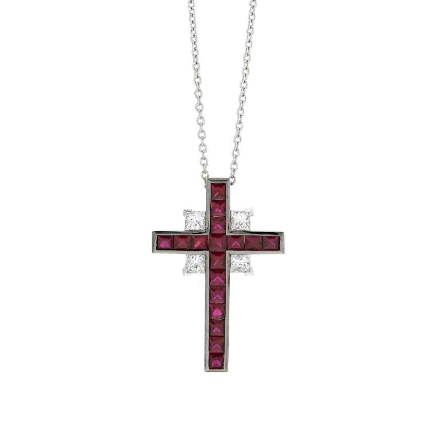 Ruby Cross Pendant Necklace with Diamond Accents 0