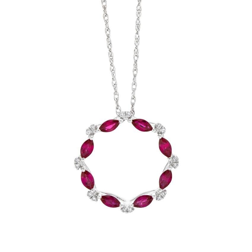 White Gold Marquise Shaped Ruby & Round Diamond Open Circle Pendant Necklace