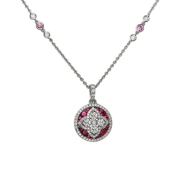 Charles Krypell Ruby Diamond Quatrefoil Round Pendant Necklace 0
