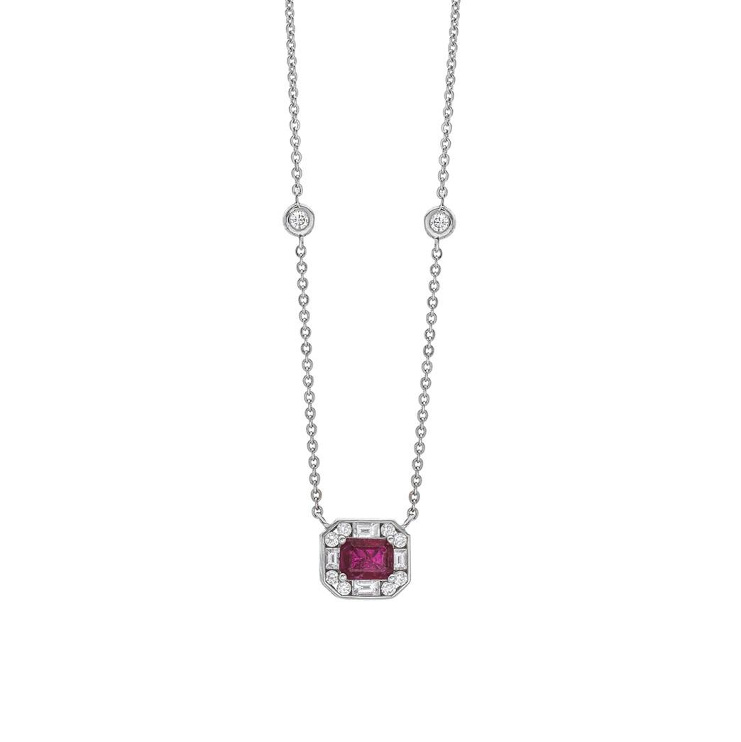 Emerald Cut Ruby and Diamond White Gold Necklace 0