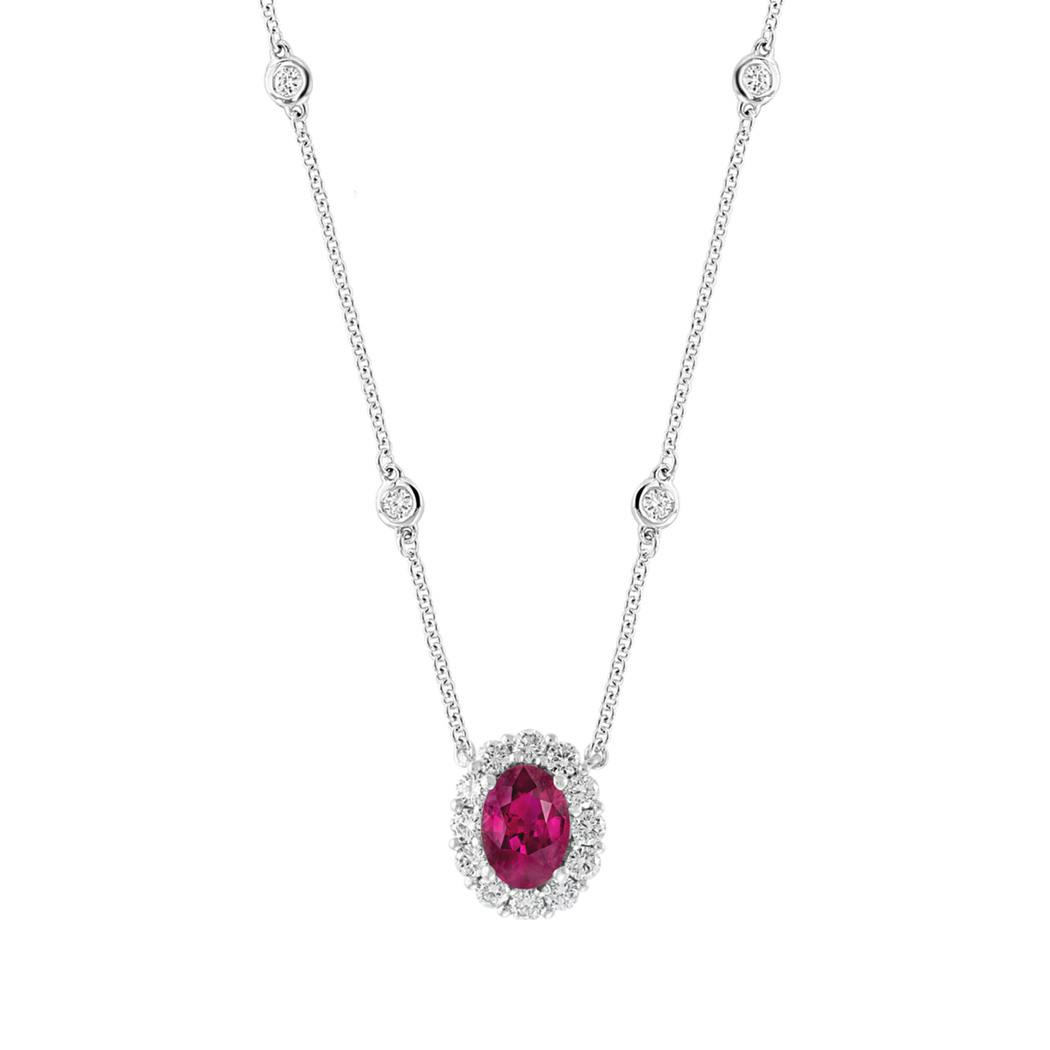 Halo Style Ruby and Diamond Station Necklace 0