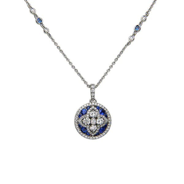 Charles Krypell Sapphire Diamond Quatrefoil Round Pendant Necklace 0