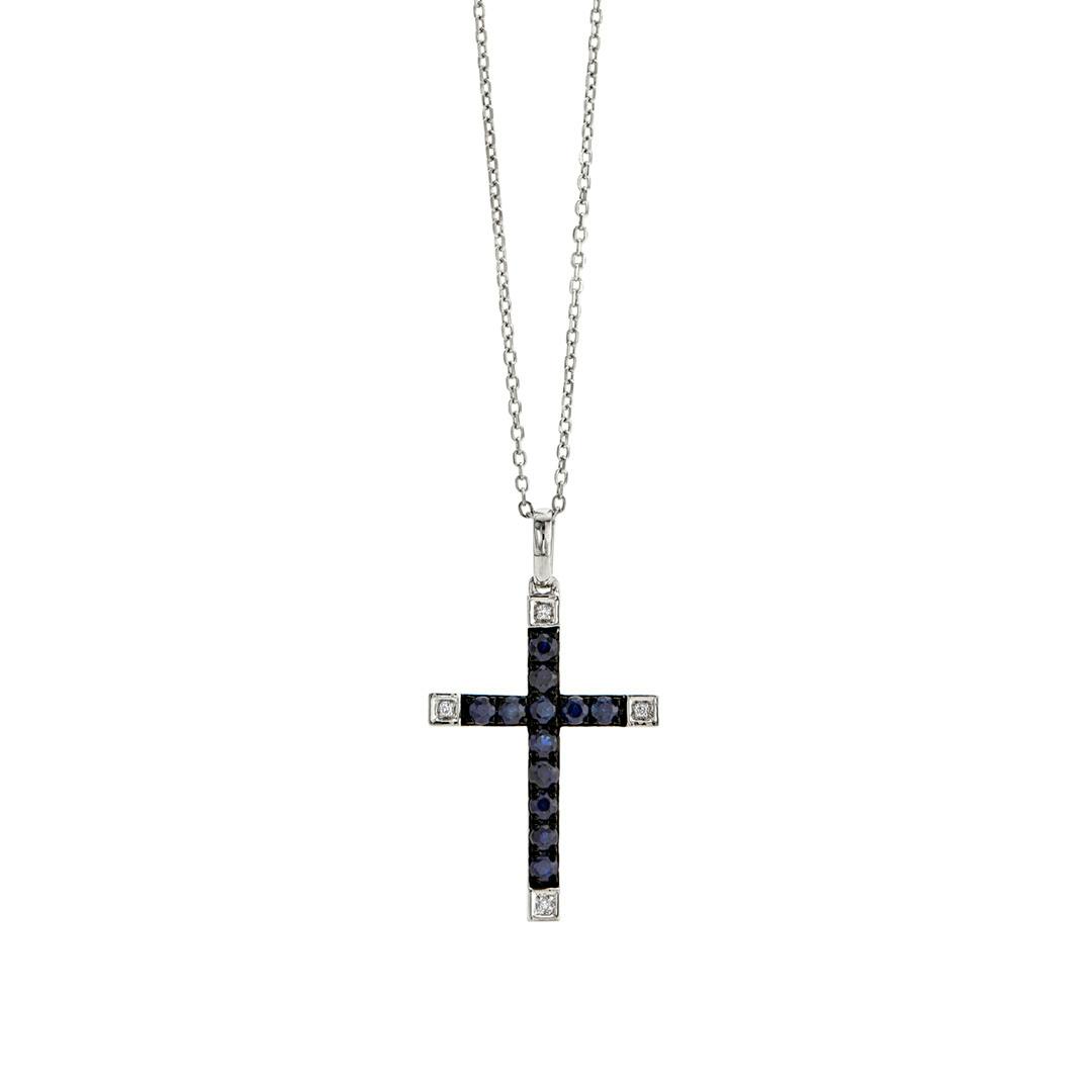 Sapphire and Diamond White Gold Cross Necklace 0