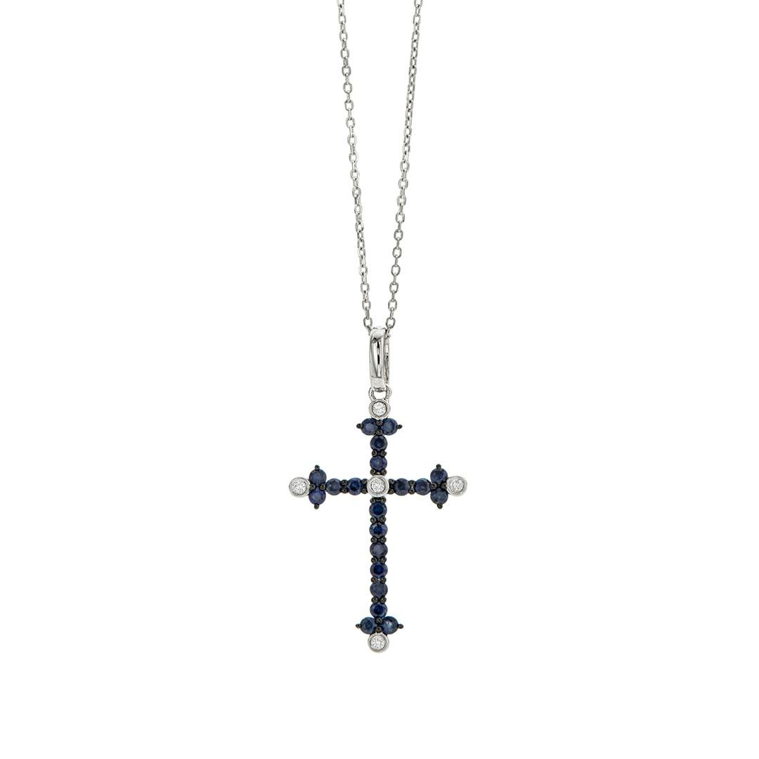 Diamond and Blue Sapphire White Gold Cross Necklace 0