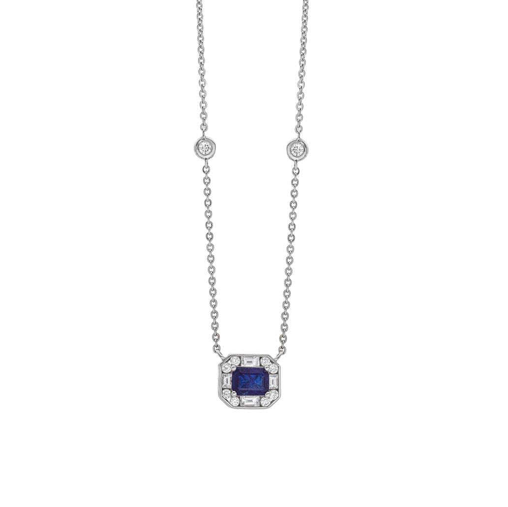 Emerald Cut Sapphire and Diamond White Gold Necklace 0