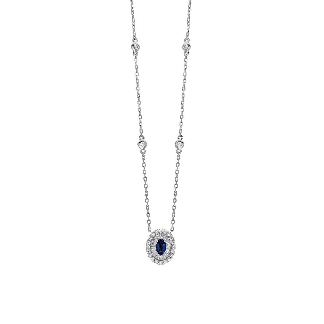 Double Halo Oval-Shape Sapphire and Diamond Necklace 0