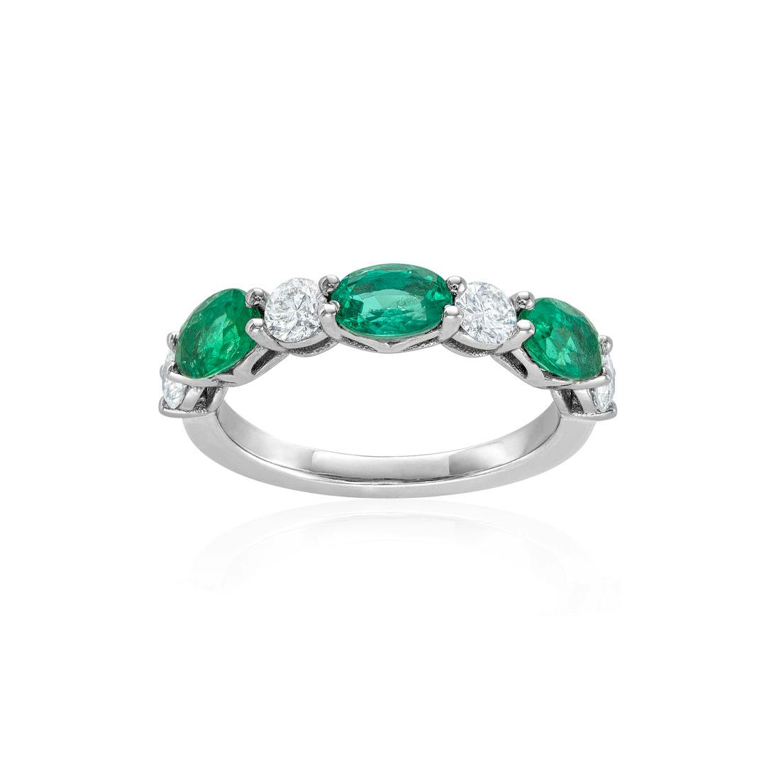 Oval Emerald and Round Diamond White Gold Band 0