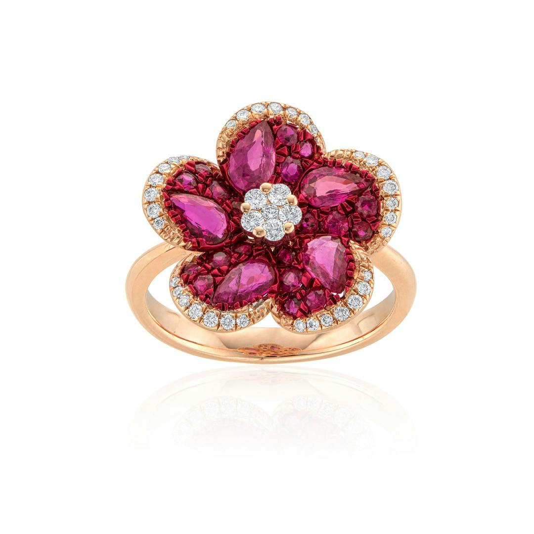 Ruby and Diamond Rose Gold Flower Ring