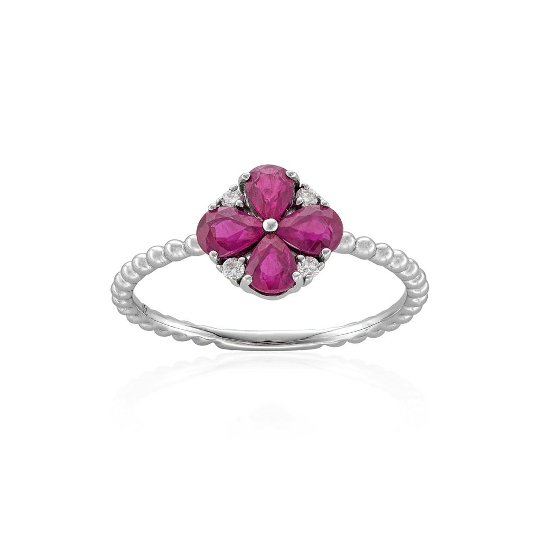 Ruby and Diamond Clover Beaded Stackable Ring 0