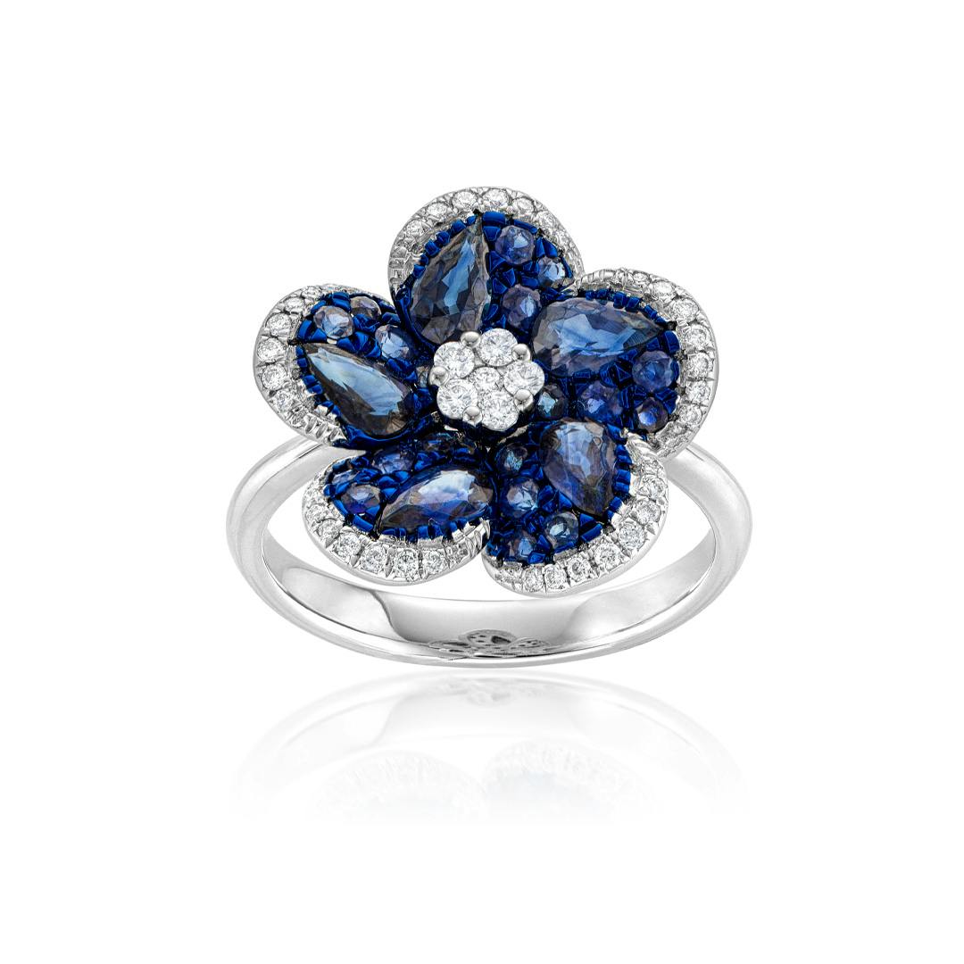 Sapphire and Diamond White Gold Flower Ring